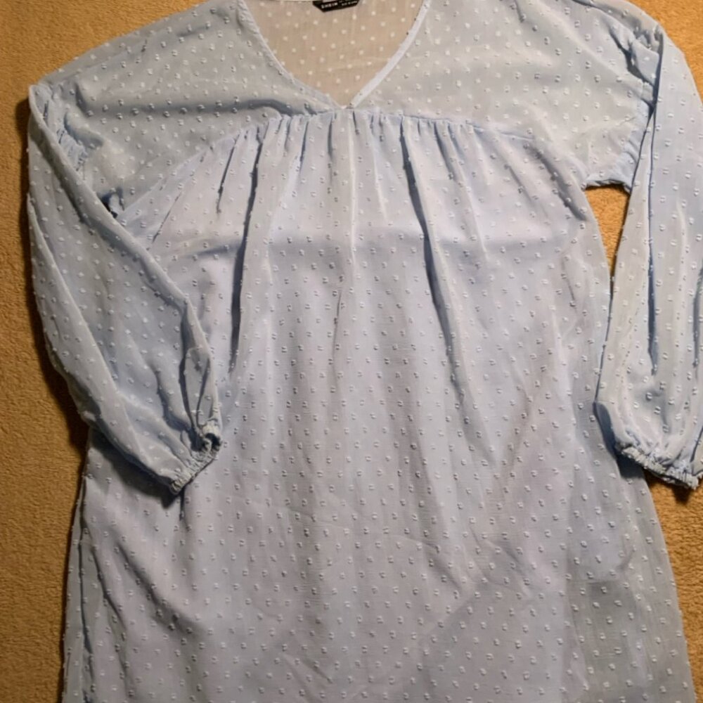 SHEIN Women Large Baby Blue‎ 3/4 Sleeve V-neck Blouse Boho Embroidered Blouse